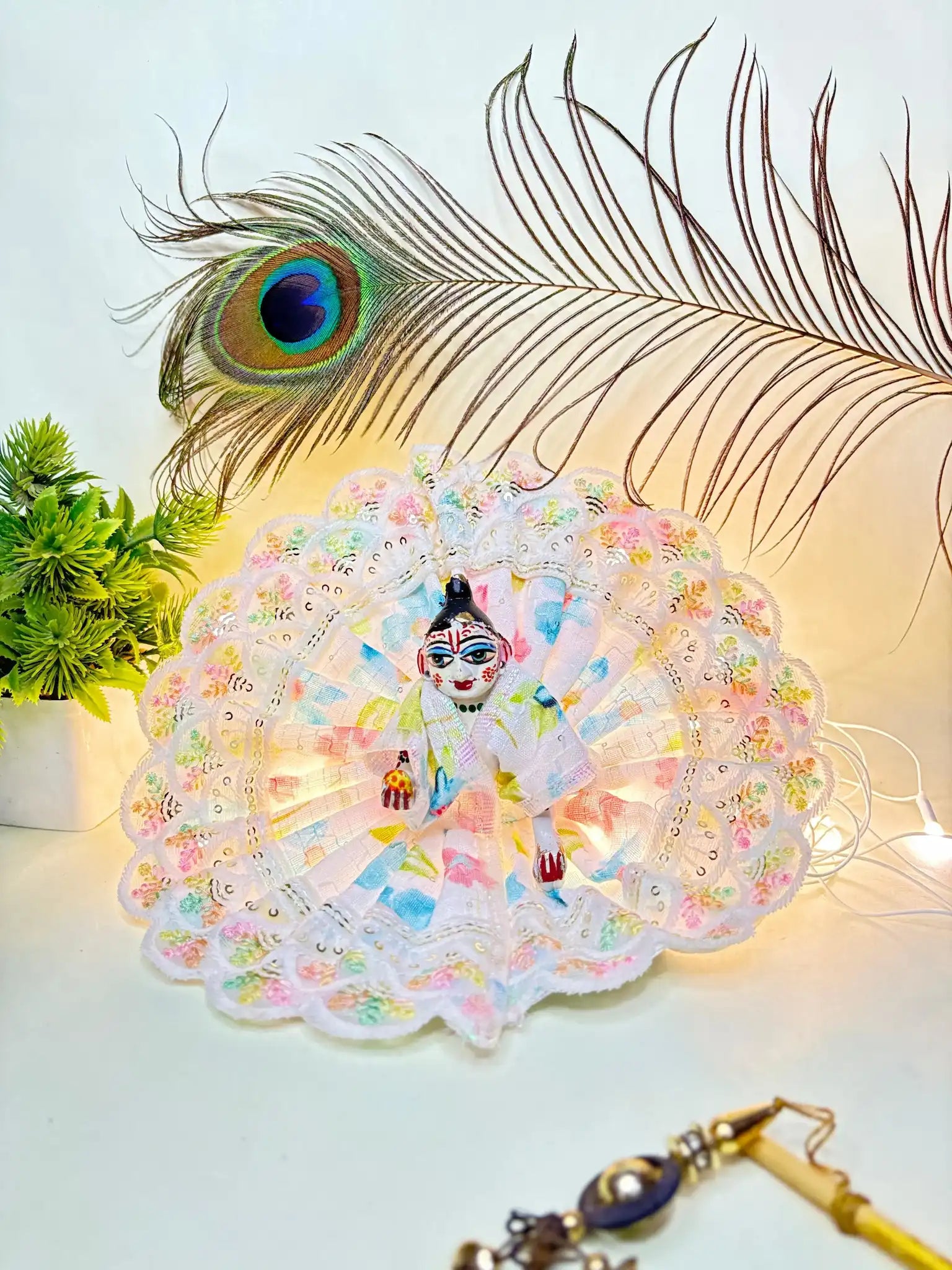 White Floral Lace Laddu Gopal Ji Poshak Size 4 | Elegant Lightweight Summer Dress