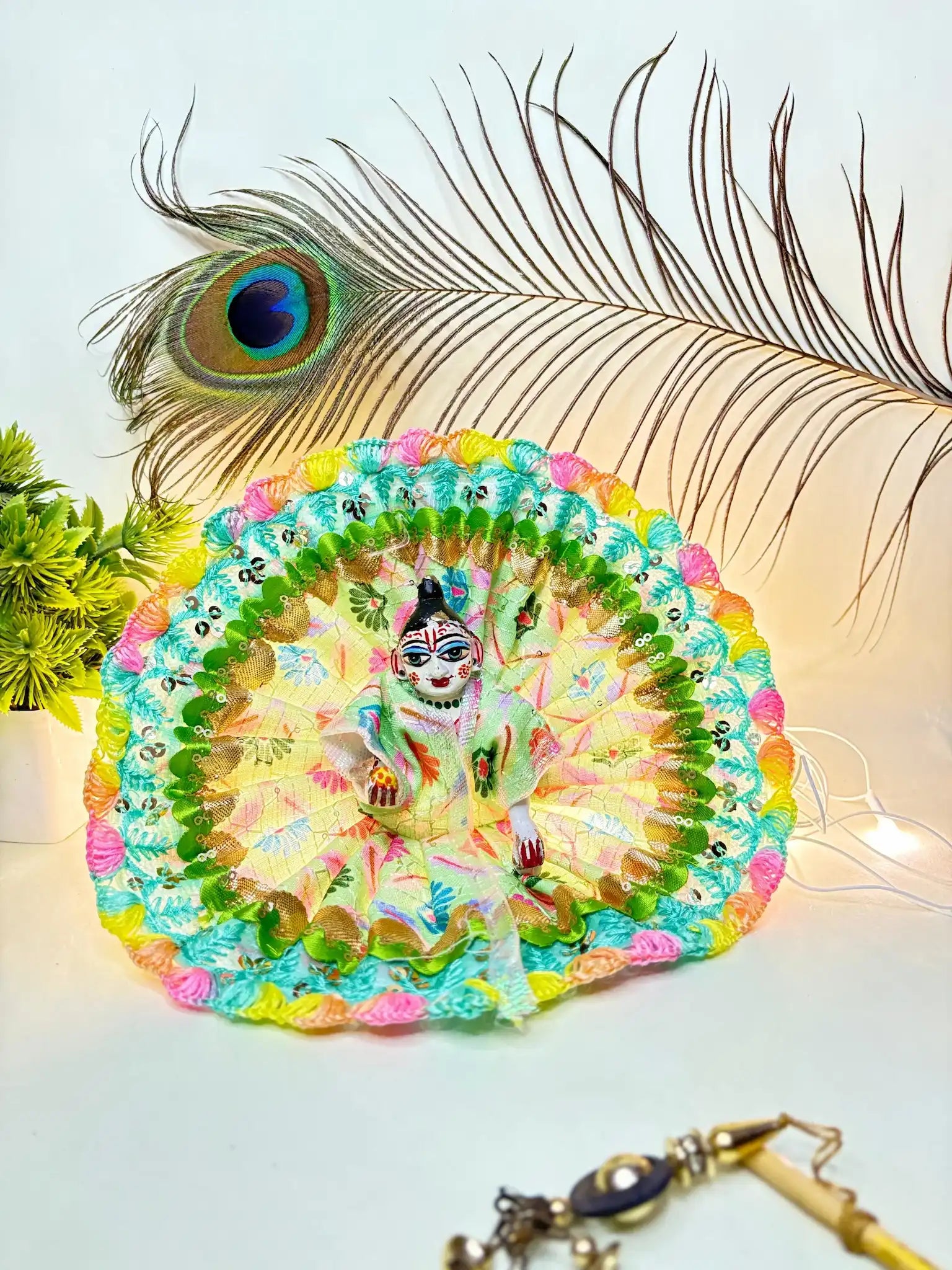 Pastel Green Rainbow Lace Poshak for Laddu Gopal Ji | Size 4 Dress for Deity