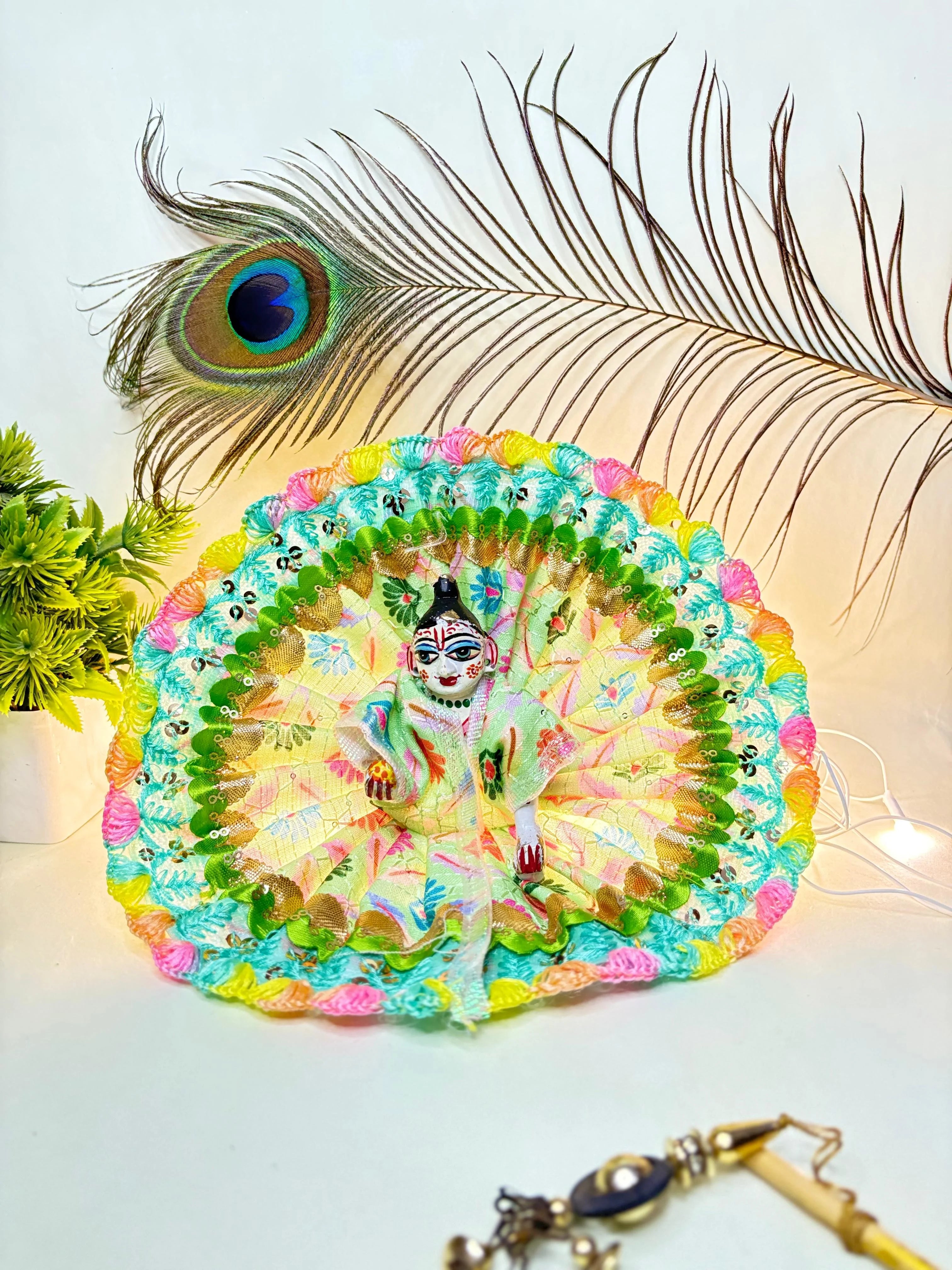 Pastel Green Rainbow Lace Poshak for Laddu Gopal Ji | Size 4 Dress for Deity