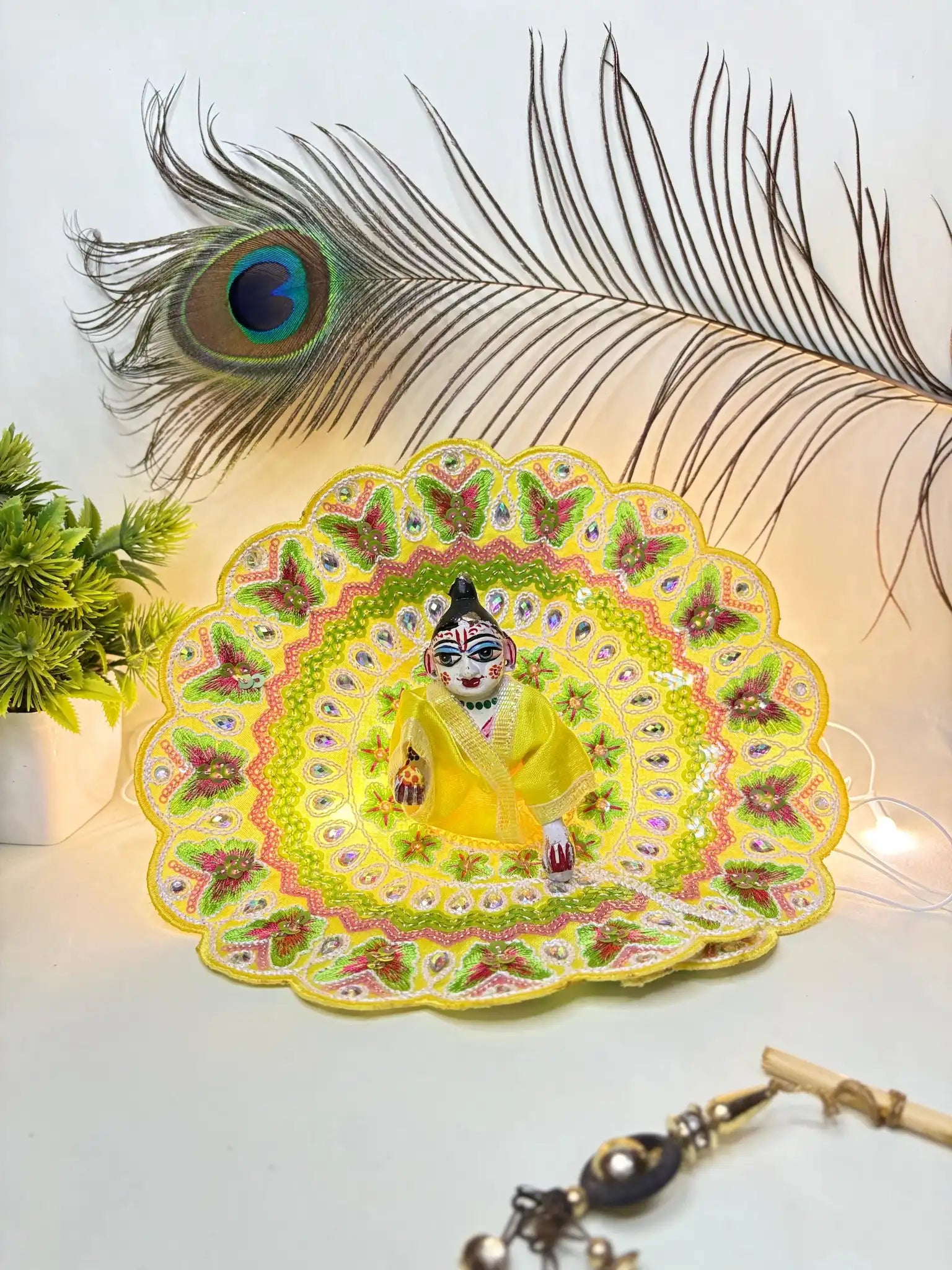 Size 4 - Sunshine Yellow Laddu Gopal Ji Poshak with Green Accents