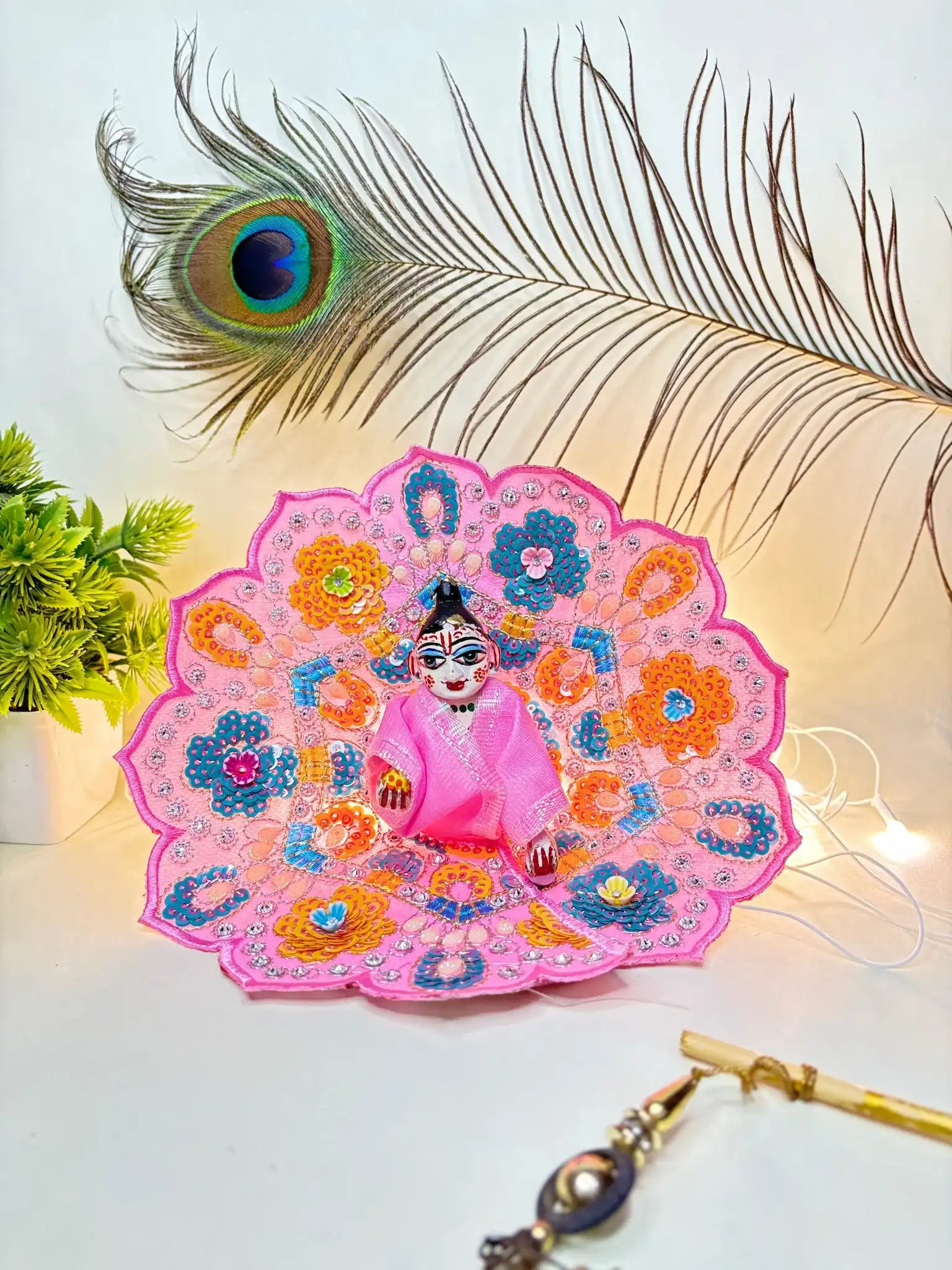 Pink and Orange Designer Laddu Gopal Dress - Size 4 | Fancy Floral Embroidery Poshak