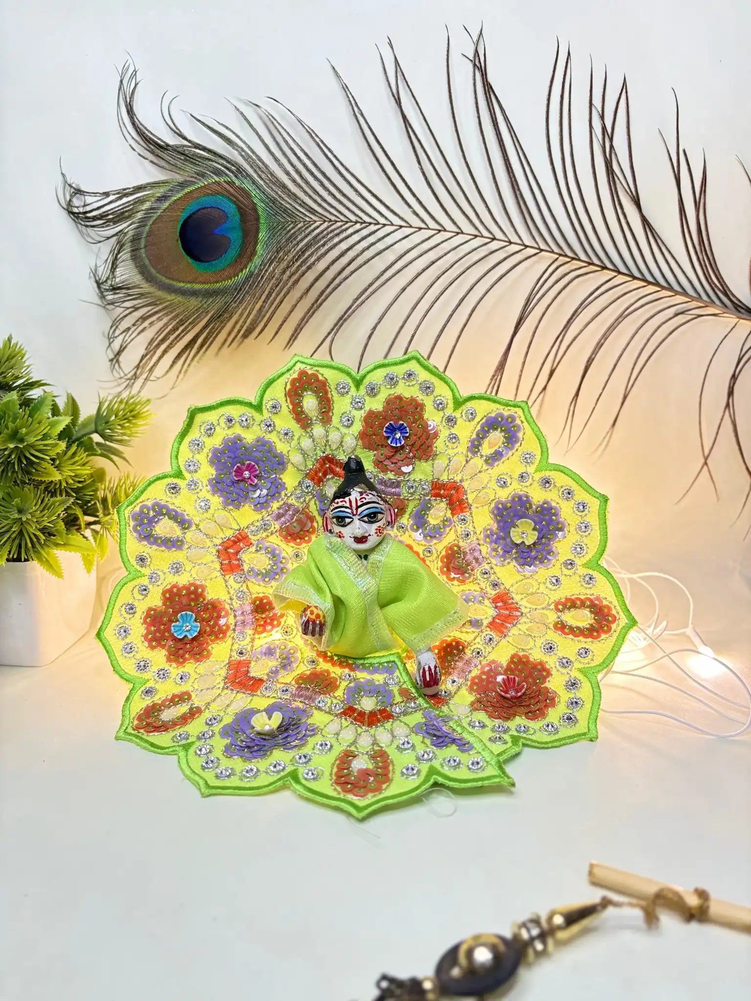 Lime Green Fancy Laddu Gopal Poshak - Size 4 | Embroidered Deity Dress with Sequin & Stone Work